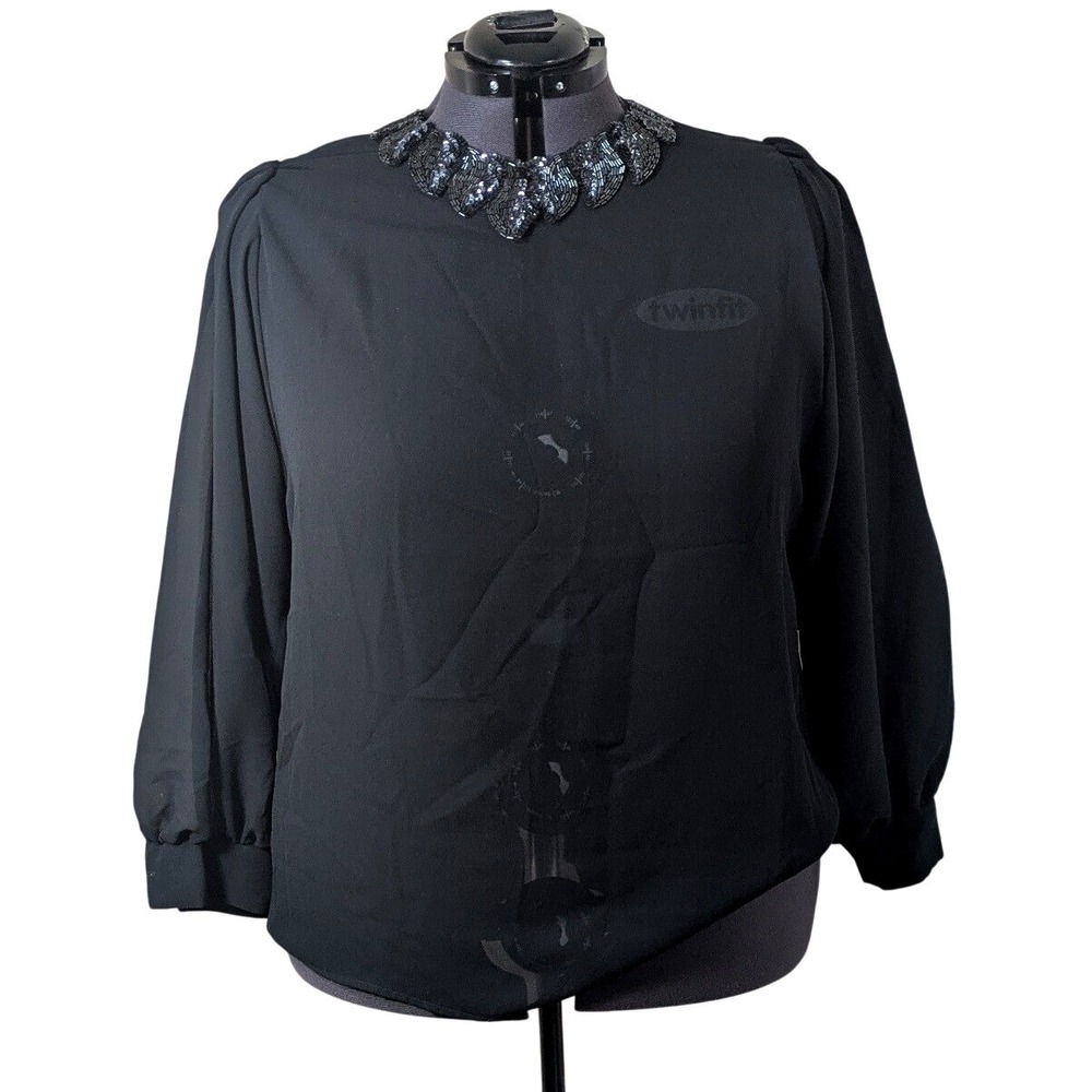 80s Gothic Mesh Blouse Beaded Leaf Collar Size 42 2X